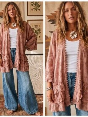 Mauve Pink Embroidered Ruffle Kimono Eyelit Kimono Cardigan